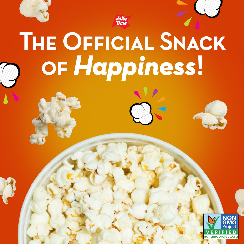 Jolly Time Crispy N White popcorn shows 3 g protein and 1.5 g fat per bag.