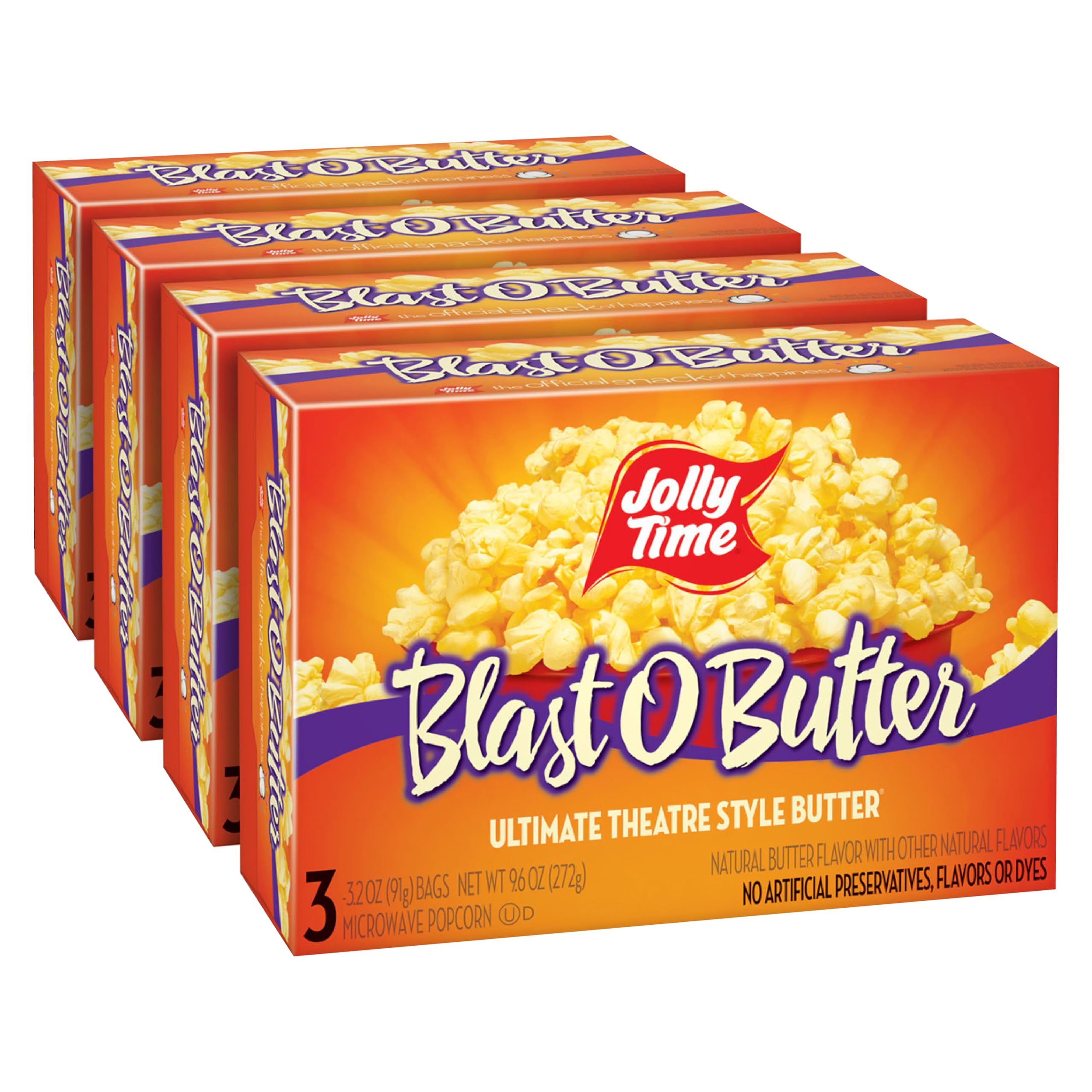 Jolly Time Blast O Butter box on kitchen shelf offers a family-friendly snack solution.