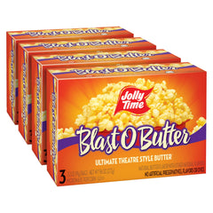 Jolly Time Blast O Butter box on kitchen shelf offers a family-friendly snack solution.
