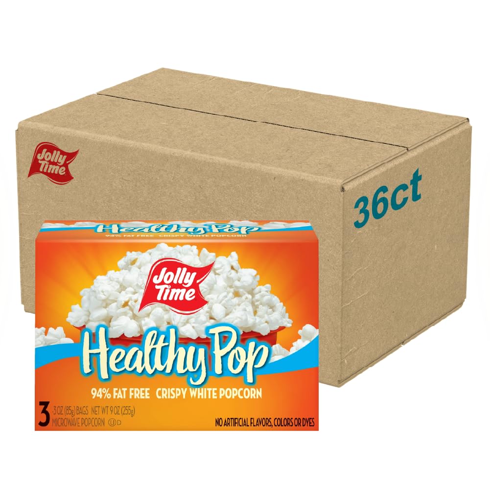 Jolly Time Healthy Pop bag front shows low-fat, gluten-free snacking for movie nights.
