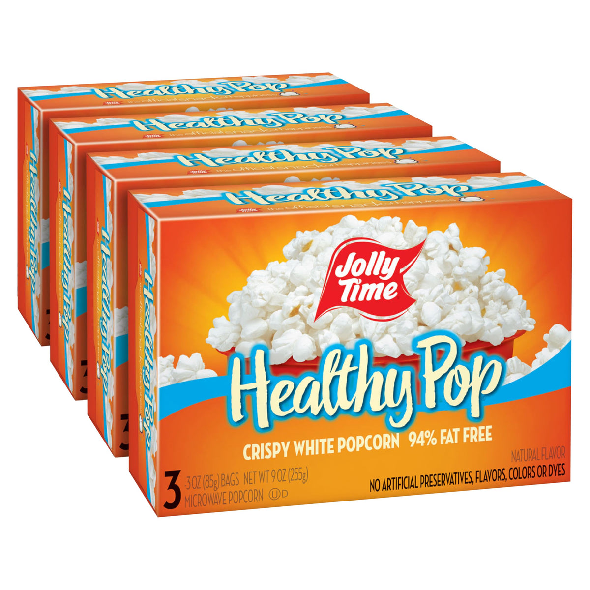 Jolly Time Healthy Pop box packaging with three-ounce bags for convenient snacking.