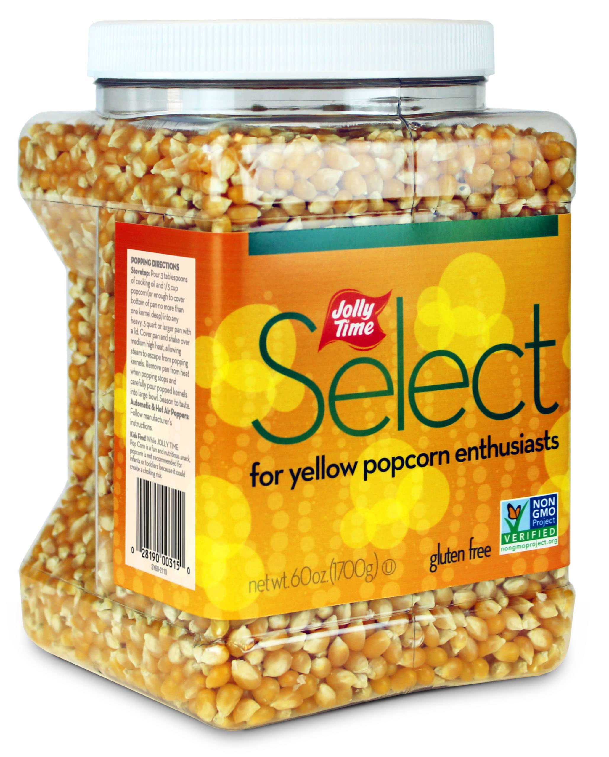 Jolly Time popcorn kernels in a 60-ounce jug, ideal for family movie nights.