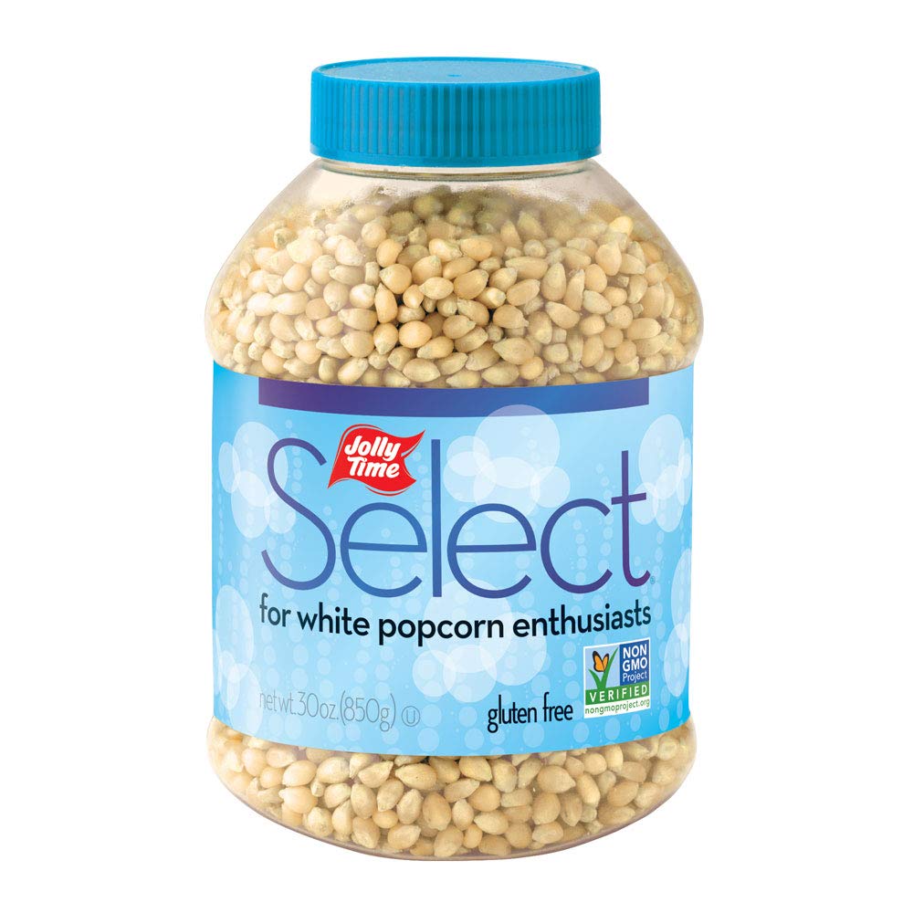 Jolly Time select white kernels in a 30-ounce jar for movie-night snacking.