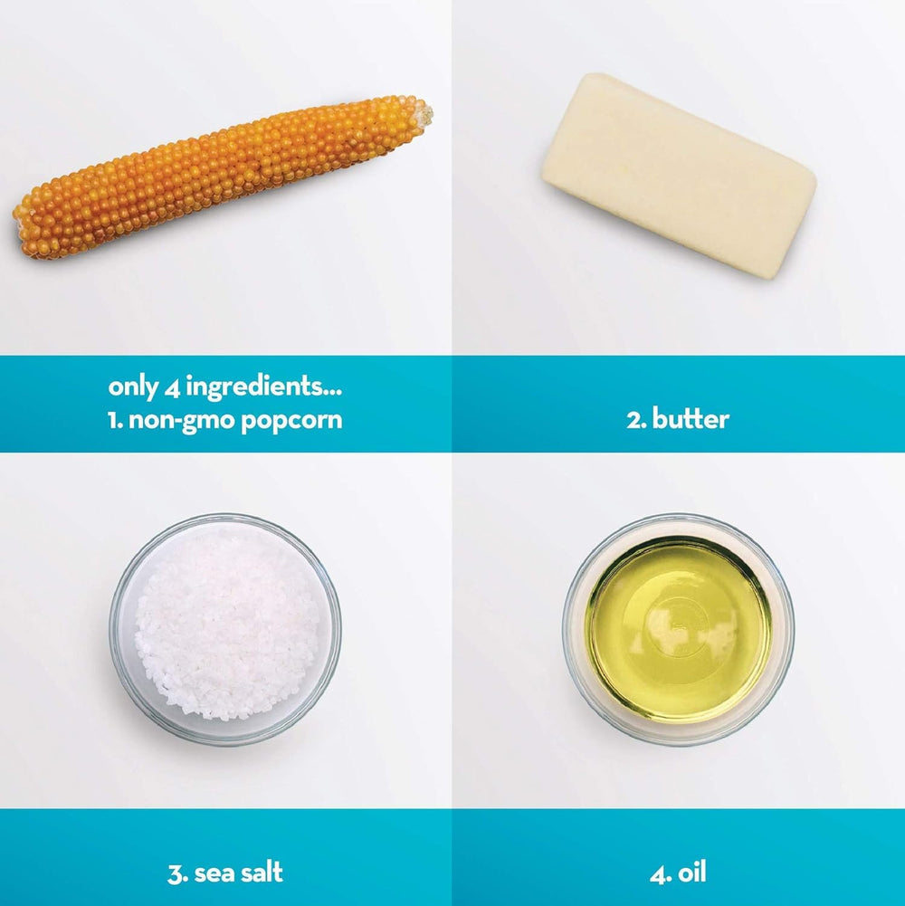 Jolly Time Simply Popped Butter gluten-free, non-GMO kernels showcased for healthy snacking.
