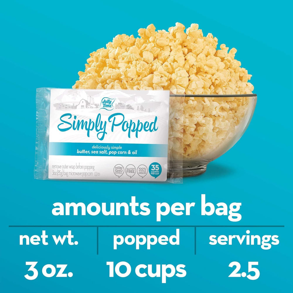 Jolly Time Simply Popped gluten-free label indicating dietary flexibility.