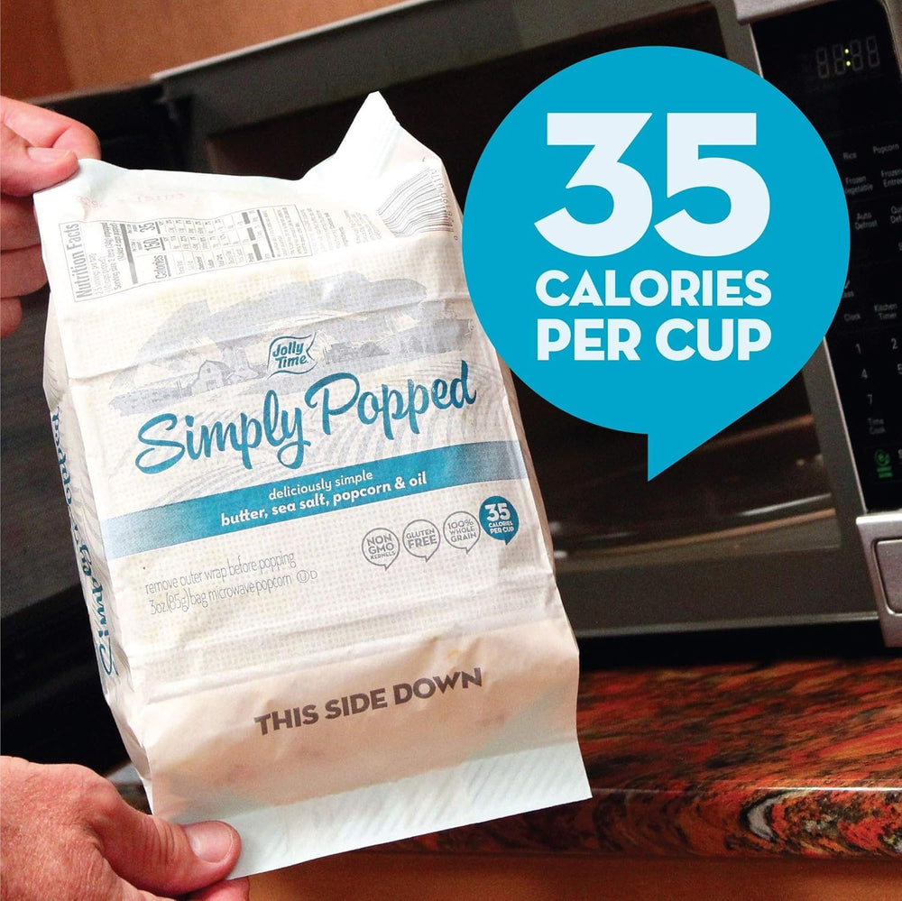 Jolly Time Simply Popped non-GMO kernels highlighted for trusted base flavor.