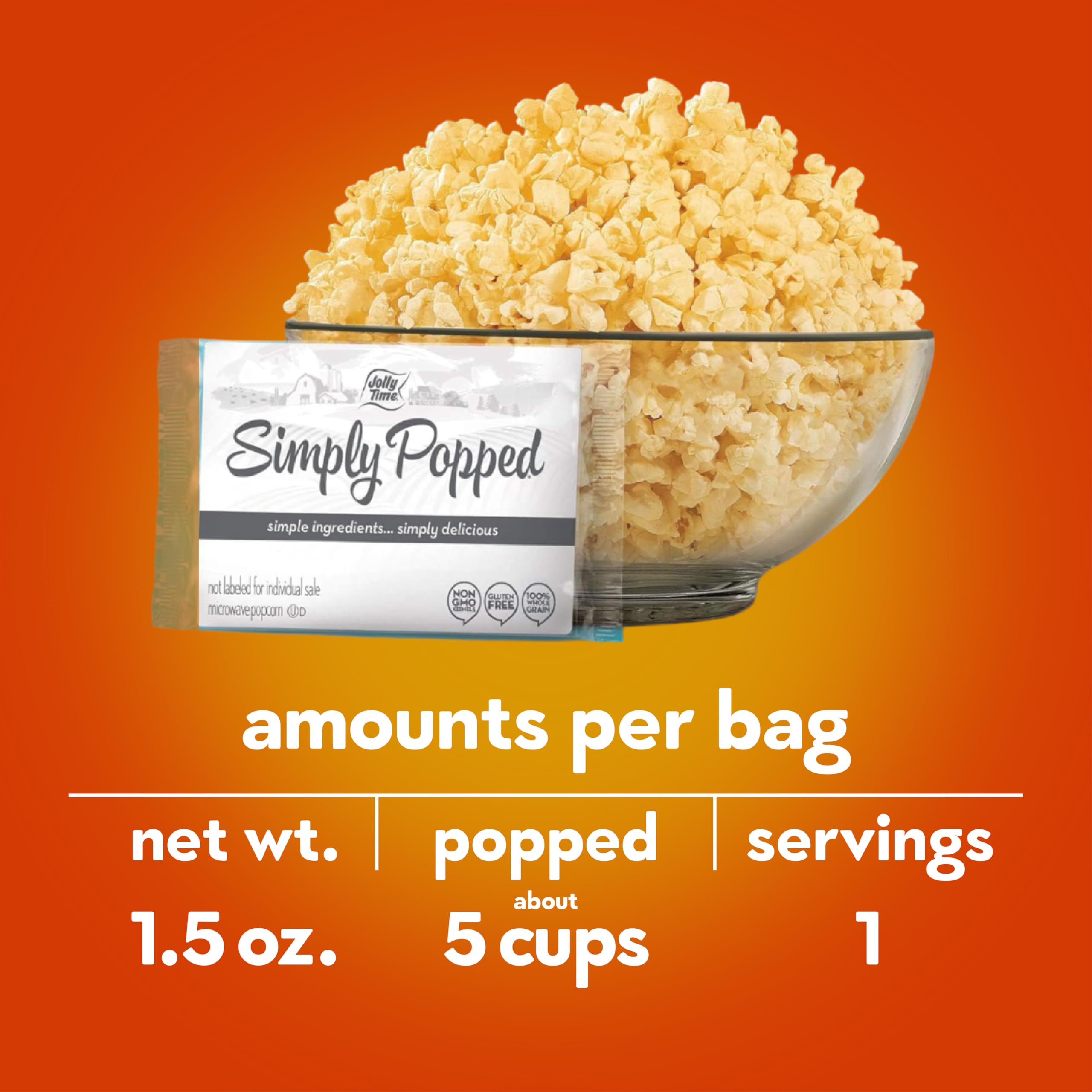 Jolly Time Simply Popped packaging closeup highlighting non-GMO kernels and kosher status