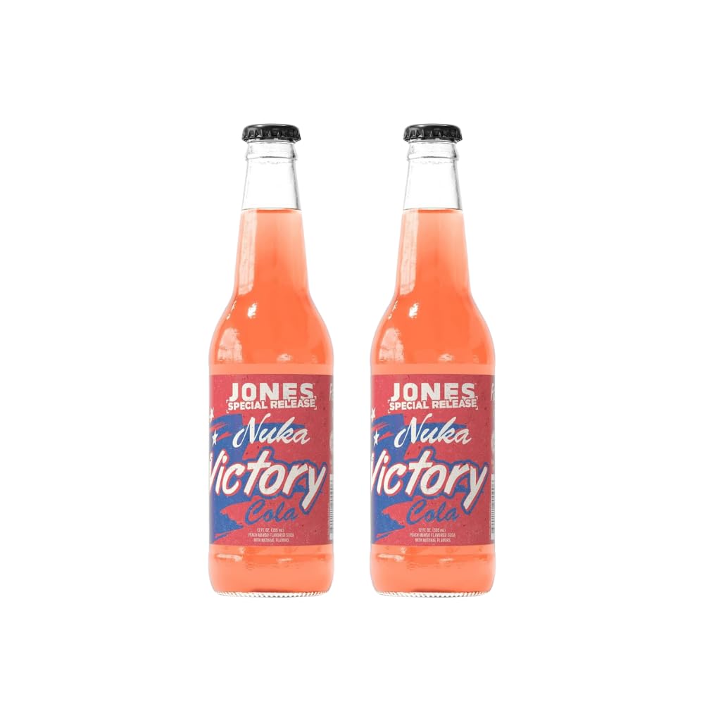 Jones Soda Nuka Victory bottle featuring peach-mango flavor in a glass bottle.