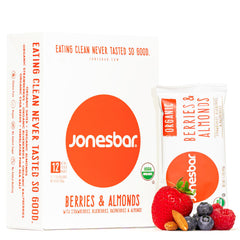 Jonesbar Berries and Almonds bar pack highlighting real fruit and nut ingredients for on-the-go snacking.
