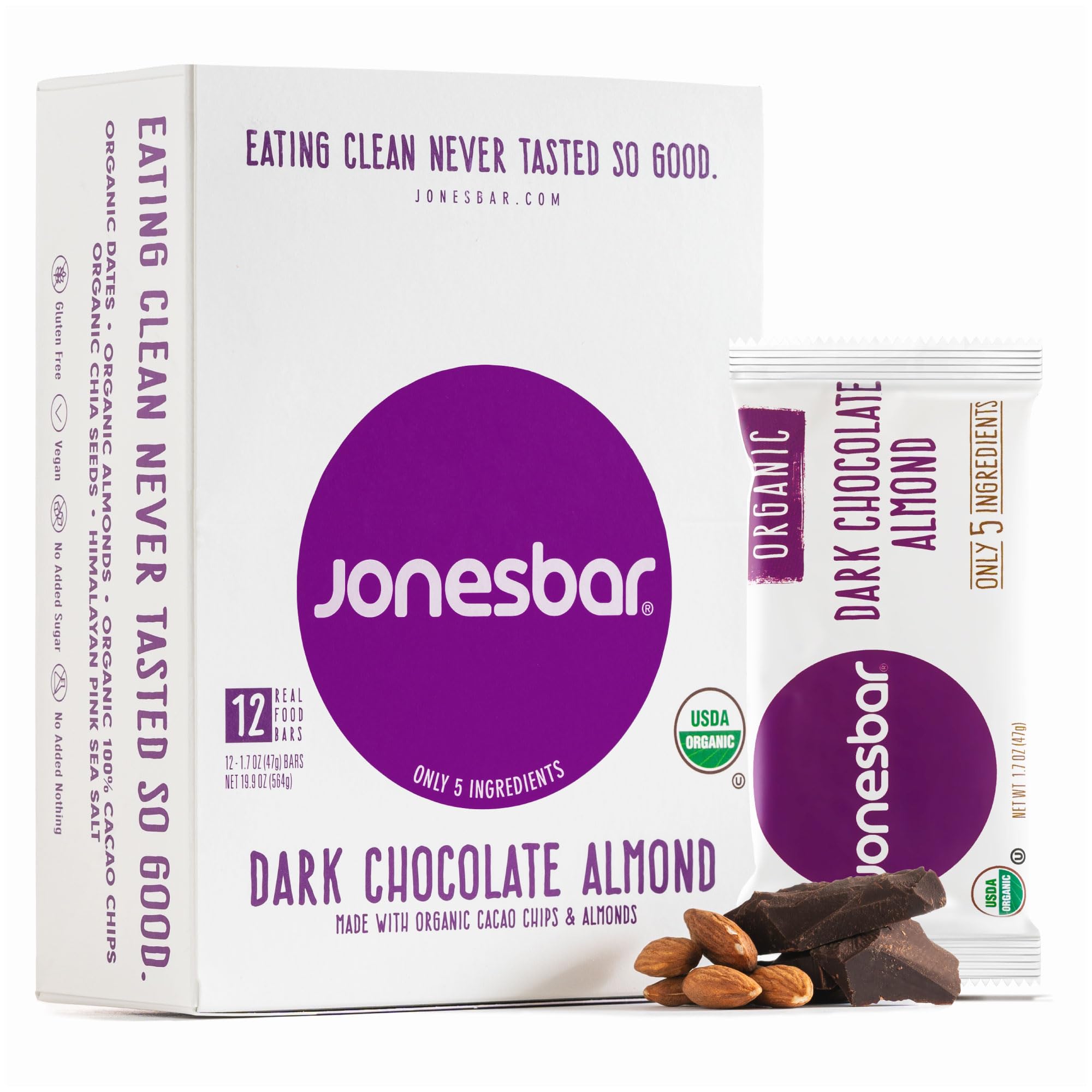 Jonesbar dark chocolate almond close-up shows simple whole-food ingredients for clean snacking.