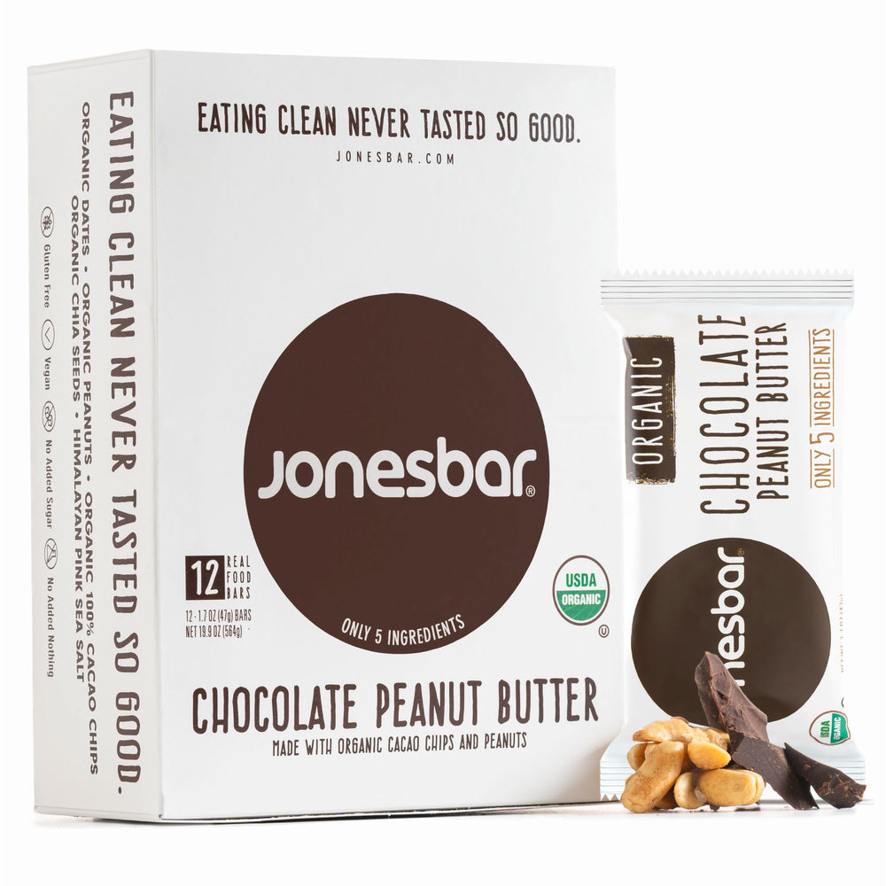 Jonesbar chocolate peanut butter bar, glossy coating, ideal on-the-go snack