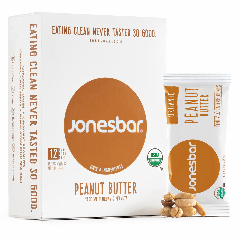 JonesBar Peanut Butter Organic Energy Bar unwrap to reveal clean ingredients and bite sized goodness