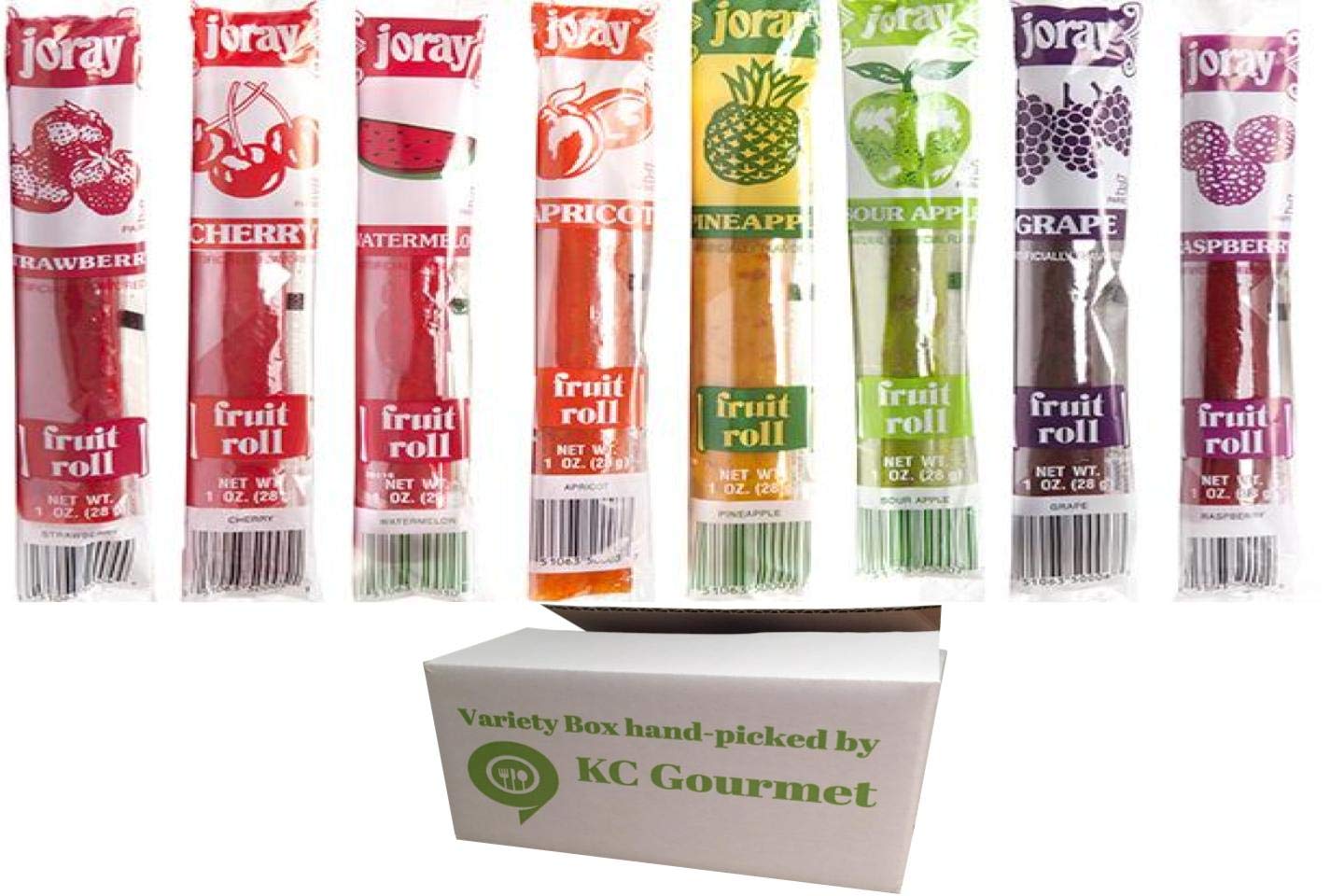 JORAY fruit roll variety-pack box shot shows eight flavors for on-the-go snacking.