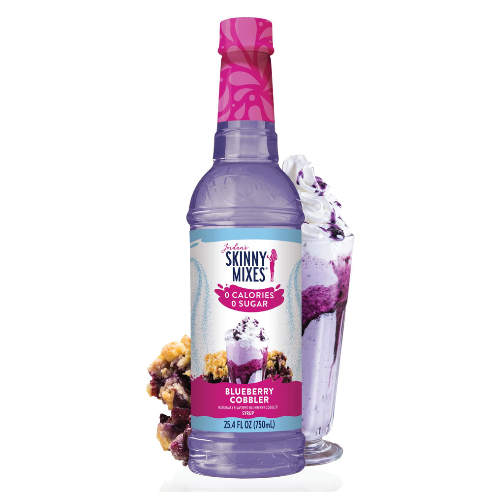 Jordan's Skinny Mixes Blueberry Cobbler Syrup bottle front for sugar-free flavor in coffee or desserts