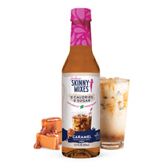 Jordan's Skinny Mixes caramel syrup bottle pour adds sugar-free sweetness to coffee.