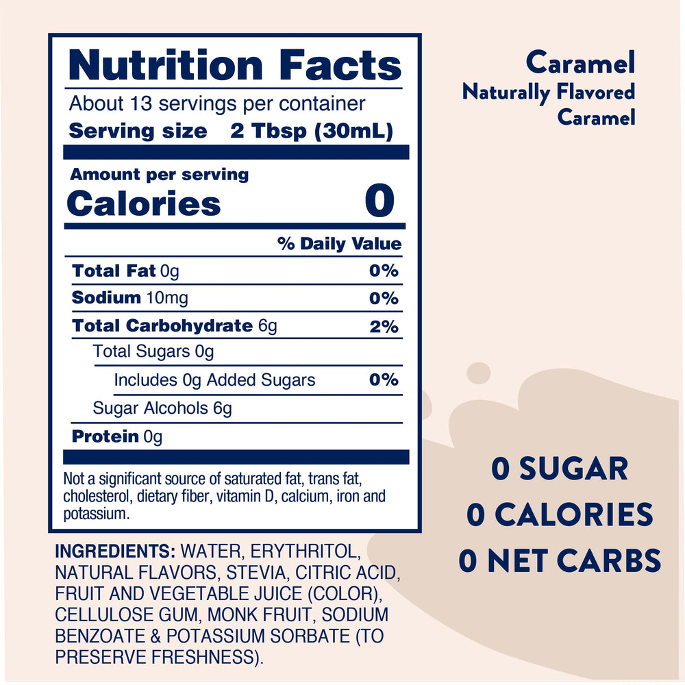Jordan's Skinny Mixes caramel syrup label closeup highlights natural sweeteners.