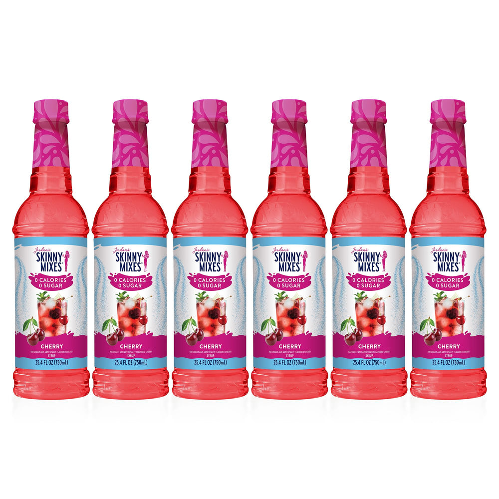 Jordan's Skinny Mixes Cherry Syrup bottle shows zero-calorie flavor for drinks.
