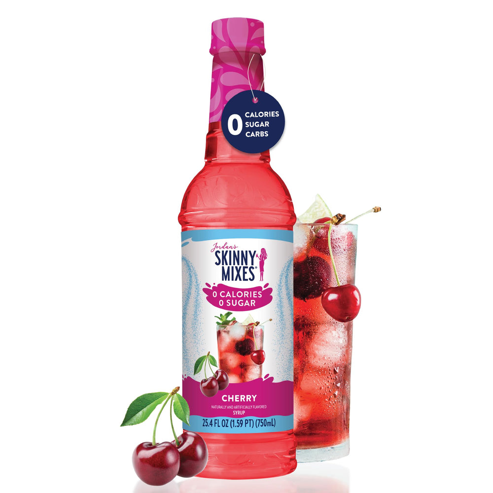 Kosher, gluten-free label on Jordan's Skinny Mixes Cherry Syrup bottle.