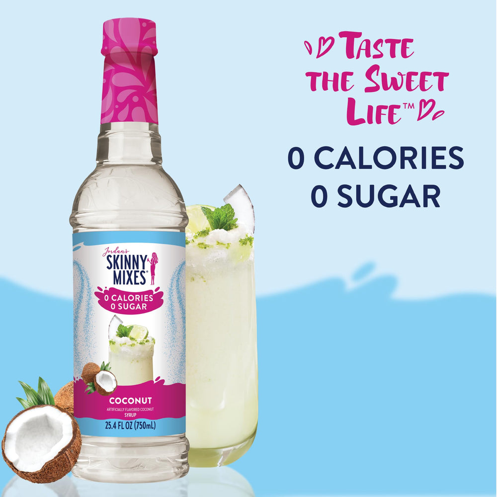 Jordan's Skinny Mixes Coconut Syrup in a glass with a tropical drink.