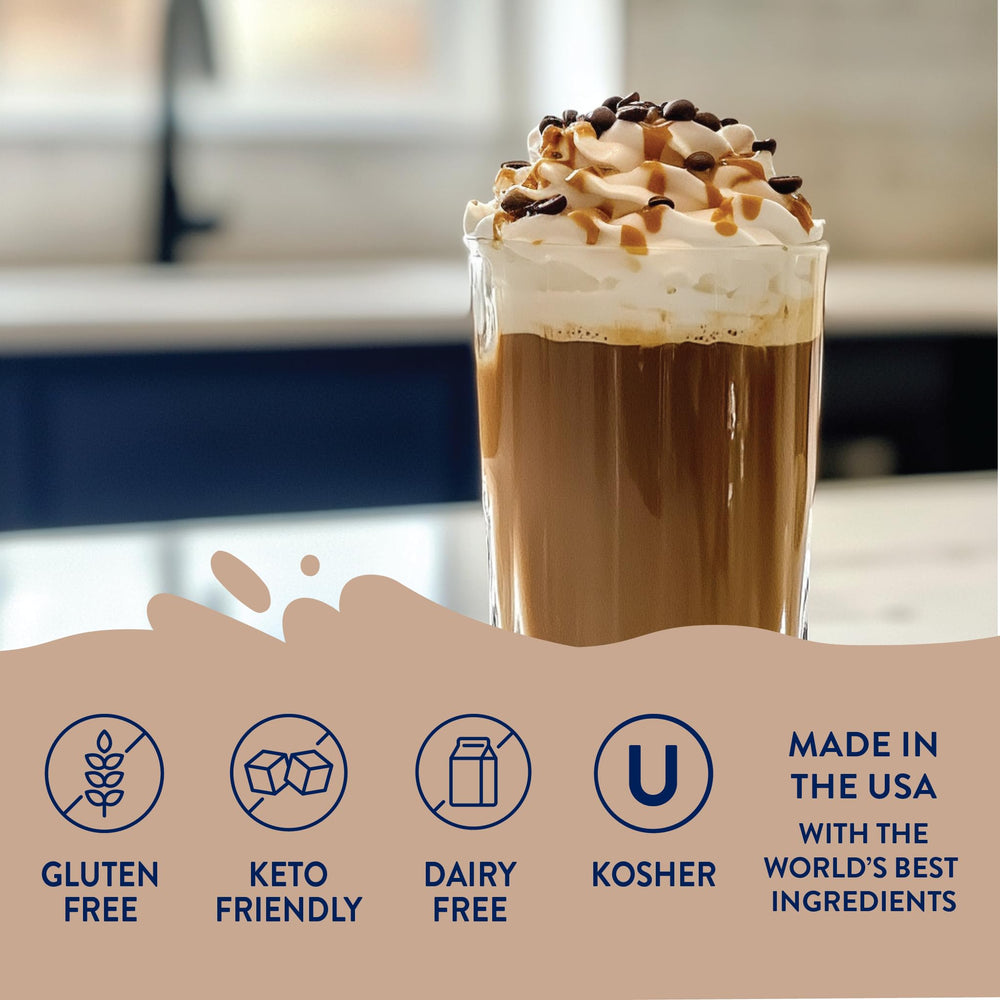 Jordan's Skinny Mixes latte with syrup showcasing café-style flavor.