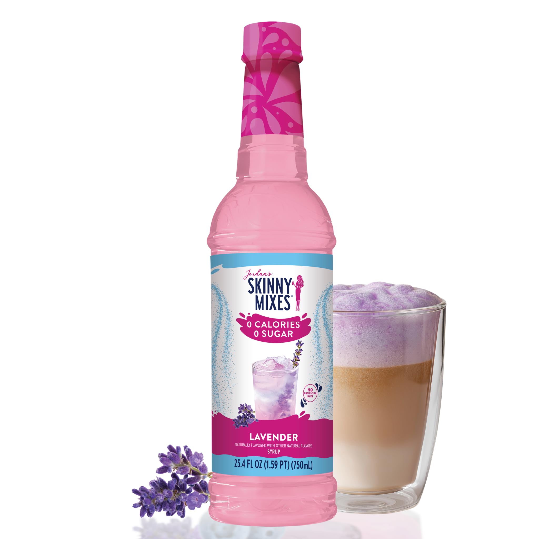 Jordan's Skinny Mixes Lavender Syrup bottle poured into a glass for refreshing beverages.