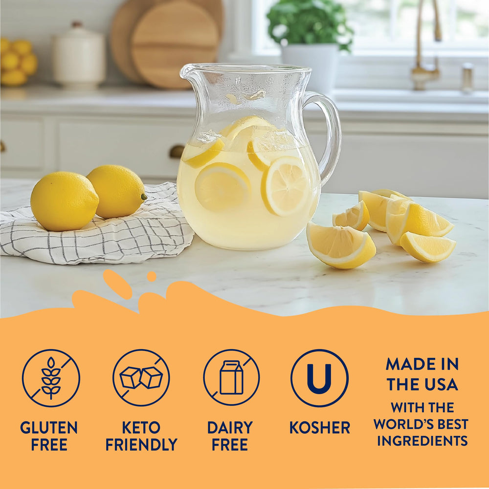 Jordan's Skinny Mixes Lemonade Drink Mix stirred in a glass showing zero-sugar sweetness.