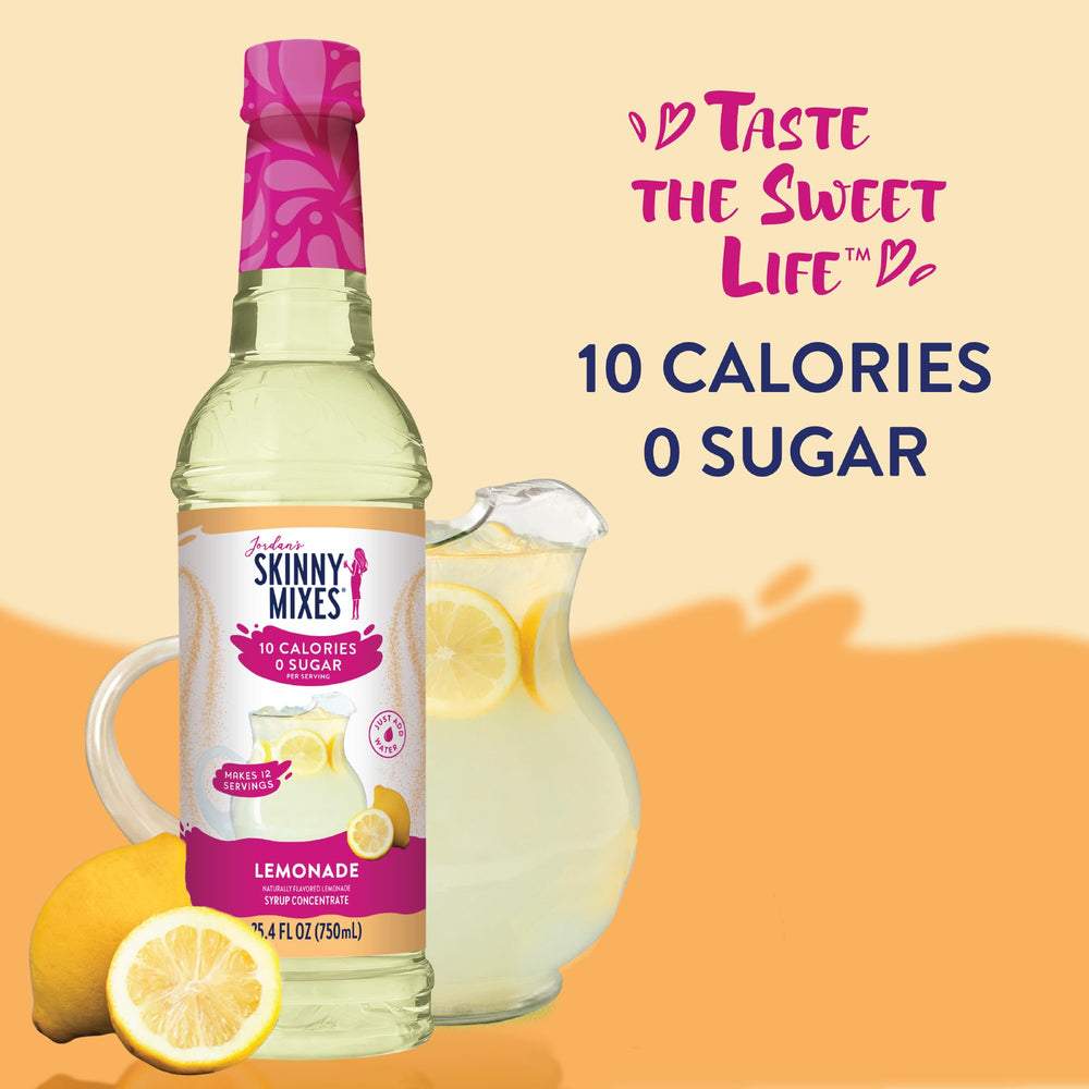 Jordan's Skinny Mixes Lemonade Syrup label demonstrates versatile flavoring for smoothies.