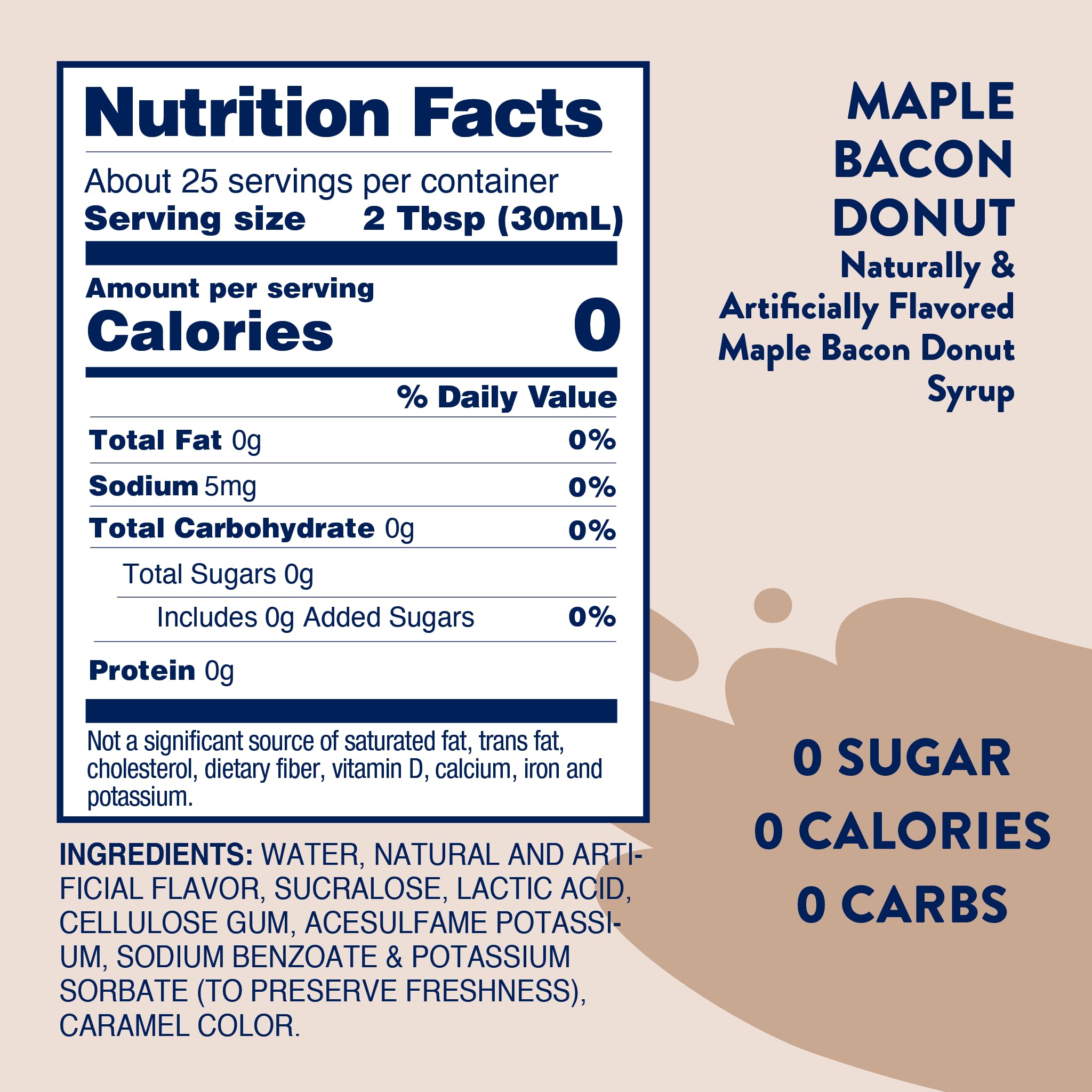 Ingredient closeup of Jordan's Skinny Mixes Maple Bacon Donut syrup showing dairy-free, gluten-free profile