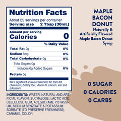 Ingredient closeup of Jordan's Skinny Mixes Maple Bacon Donut syrup showing dairy-free, gluten-free profile