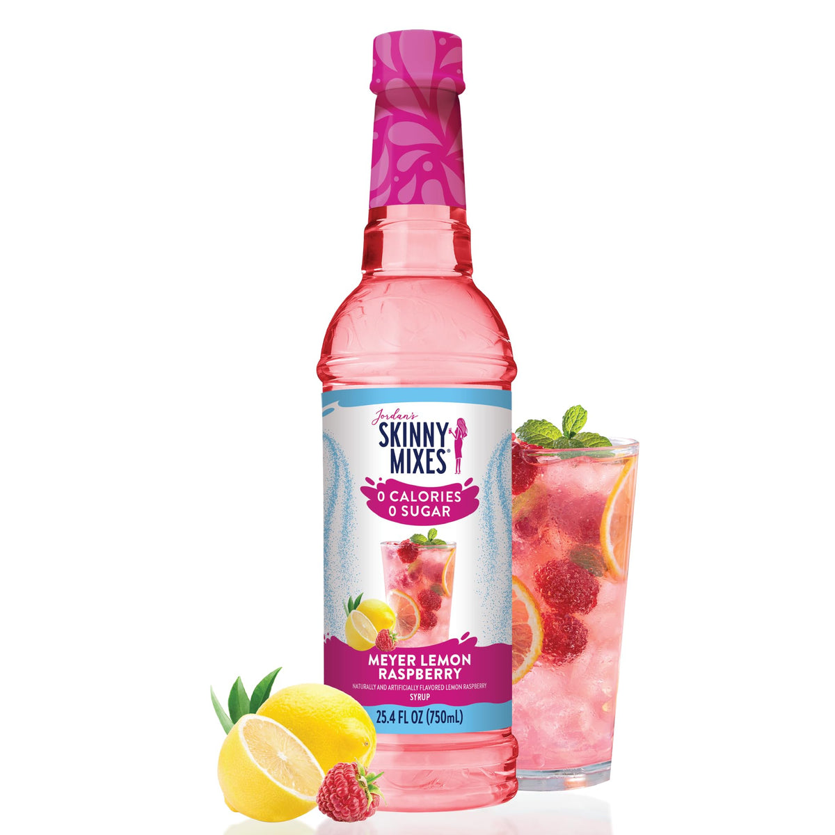 Jordan's Skinny Mixes Meyer Lemon Raspberry bottle showing zero sugar sweetness