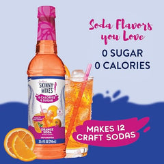 Jordan's Skinny Mixes Orange Soda Syrup packaging highlights gluten-free and keto-friendly formula.