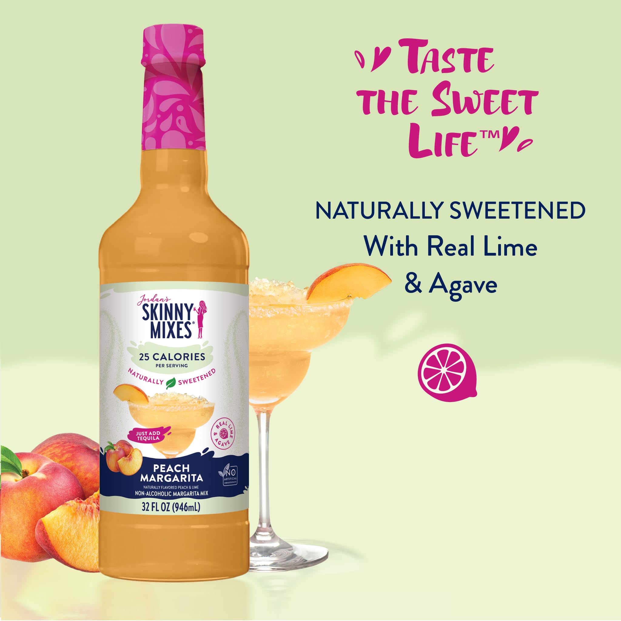 Jordan's Skinny Mixes Peach Margarita Mix poured over ice for a refreshing mocktail.