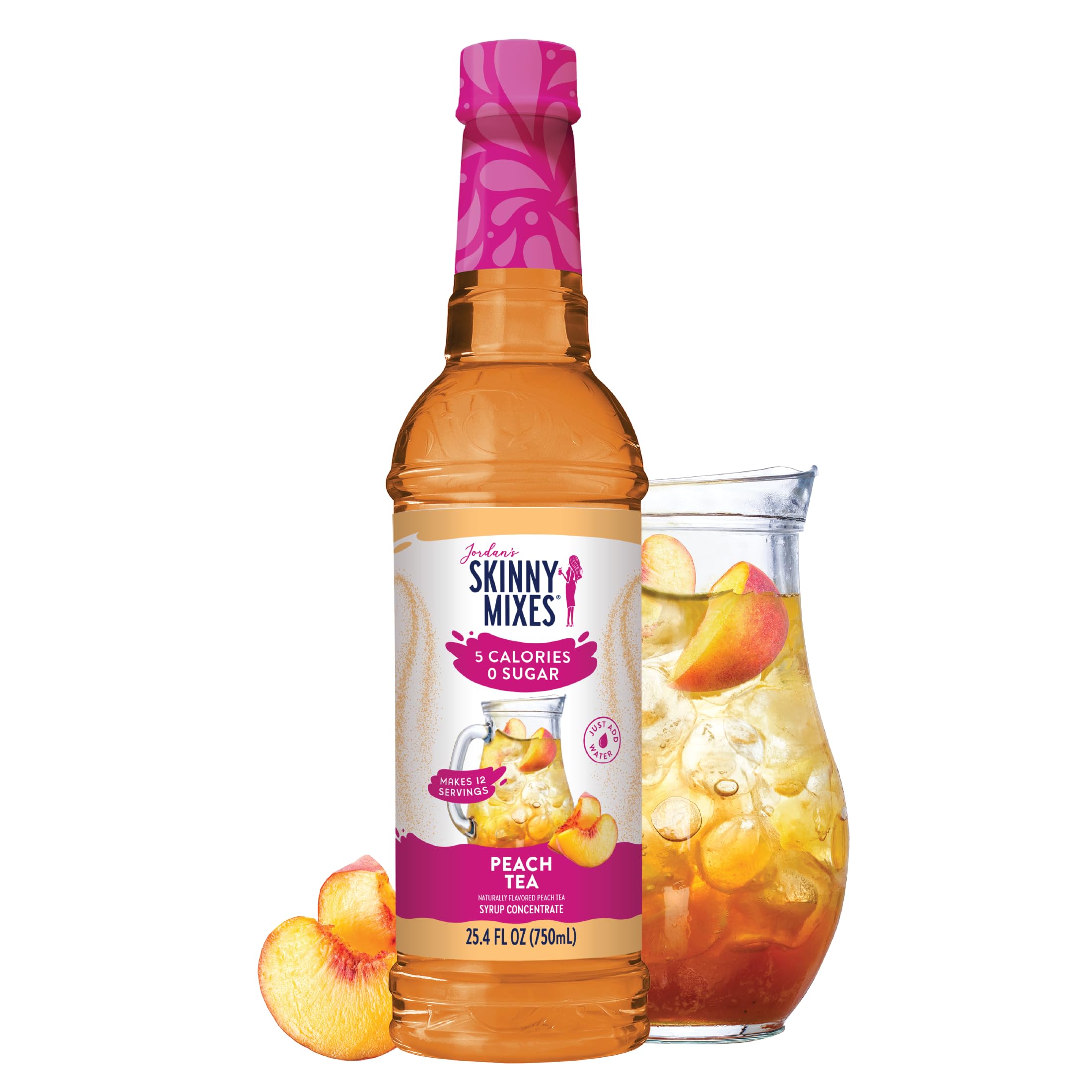 Jordan's Skinny Mixes Peach Tea Syrup bottle ready for refreshing iced tea