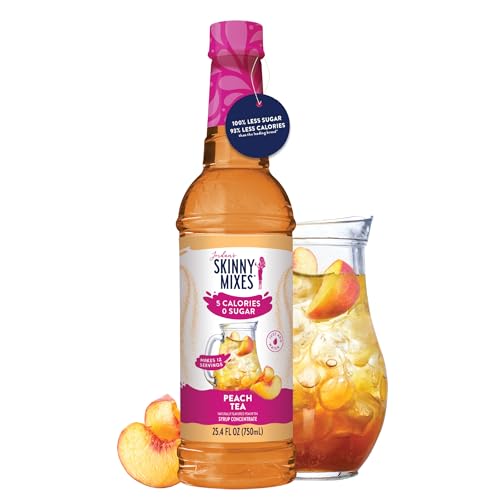 Label close-up of Jordan's Skinny Mixes Peach Tea Syrup showing zero sugar and keto-friendly