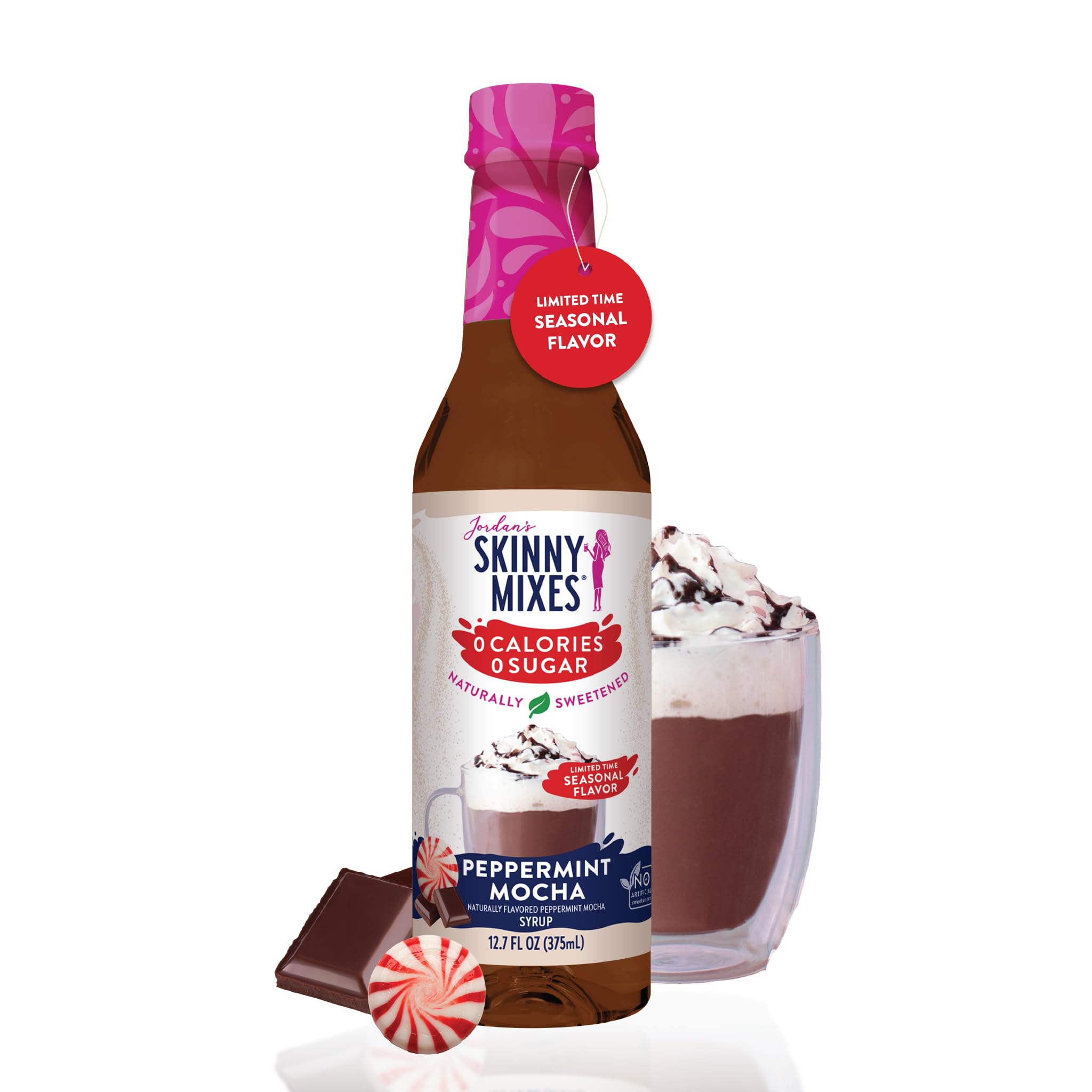 Jordan's Skinny Mix Peppermint Mocha in latte with steam and foam.