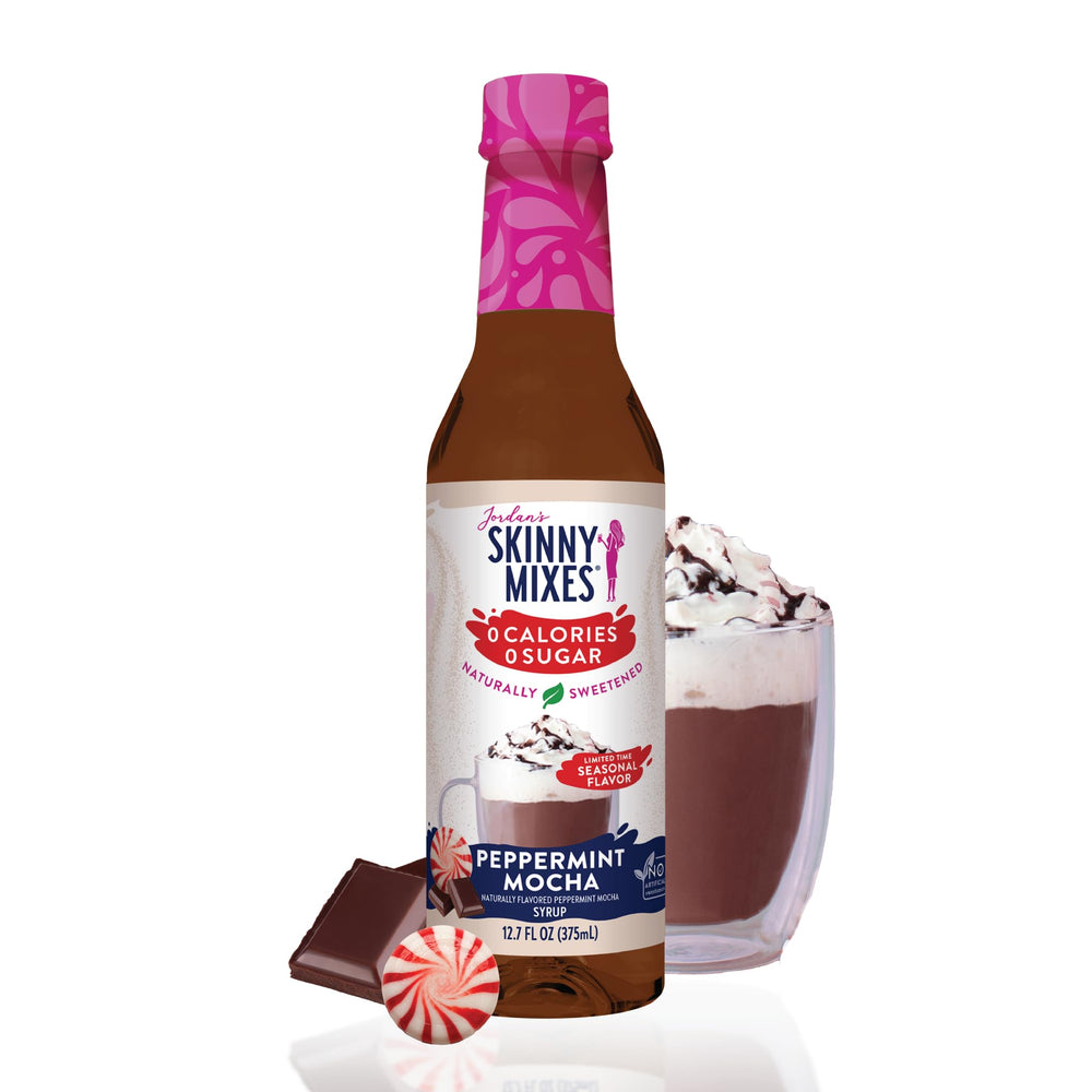 Jordan's Skinny Mixes Peppermint Mocha syrup bottle showing sugar-free flavor for coffee.
