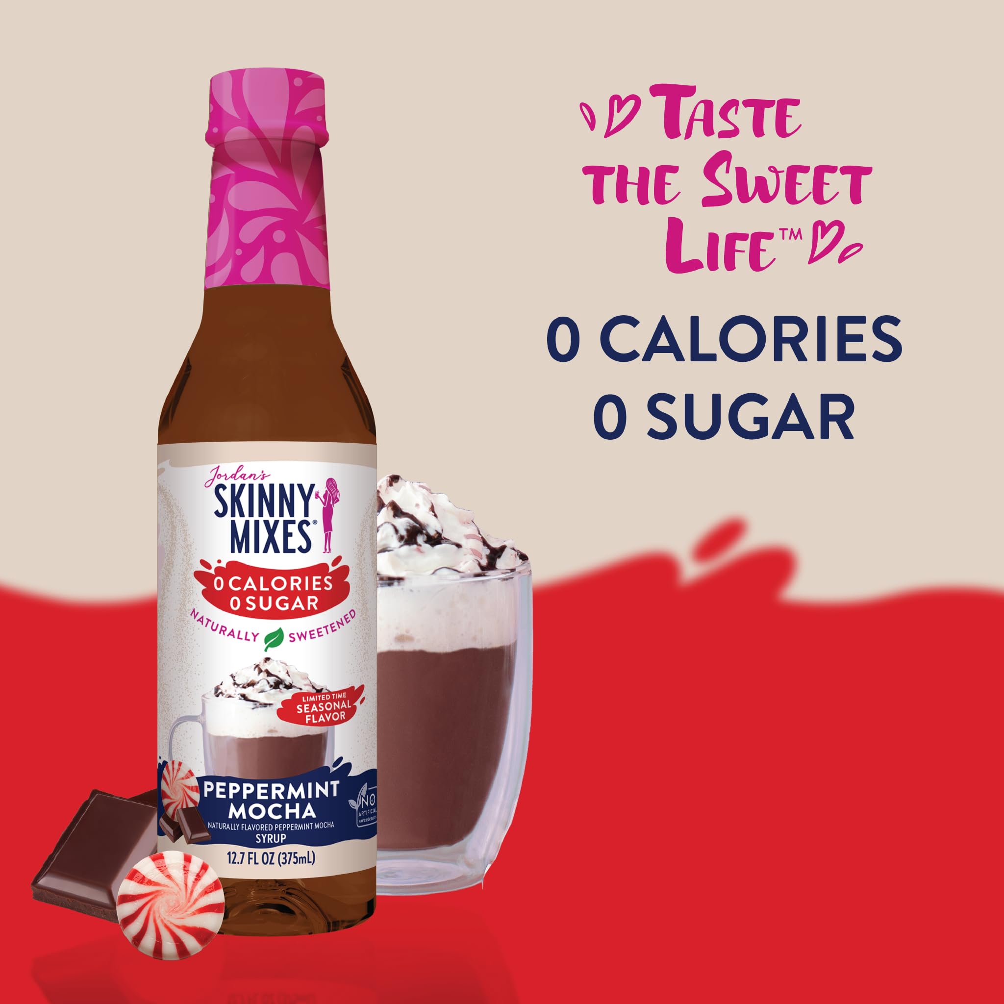 Jordan's Skinny Mix Peppermint Mocha syrup bottle with dairy-free symbol.