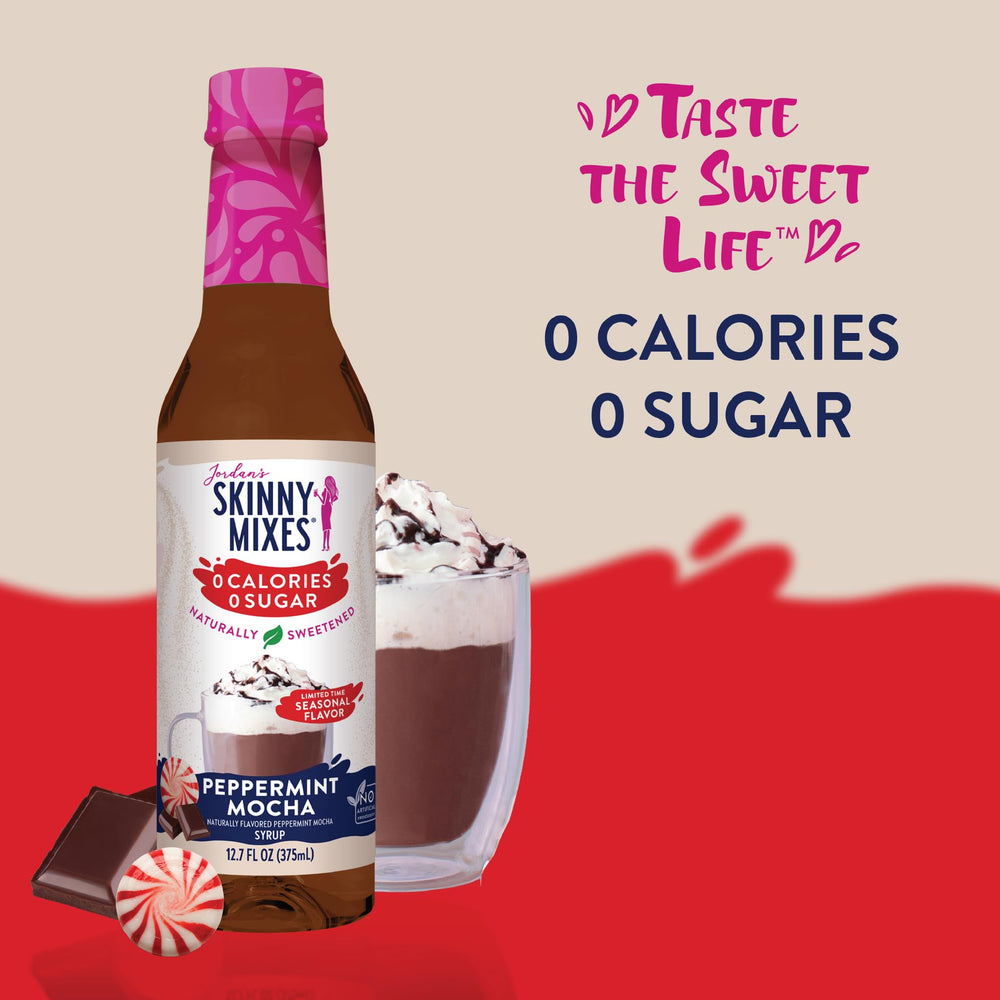 Jordan's Skinny Mix Peppermint Mocha syrup bottle with dairy-free symbol.