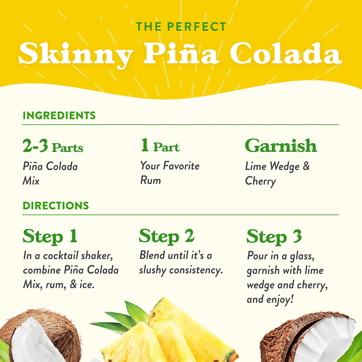 Jordan's Skinny Mixes Pina Colada bottle, sugar-free flavor booster for cocktails.