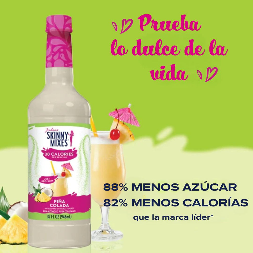Jordan's Skinny Mixes Pina Colada bottle and glass setup for poolside mixing