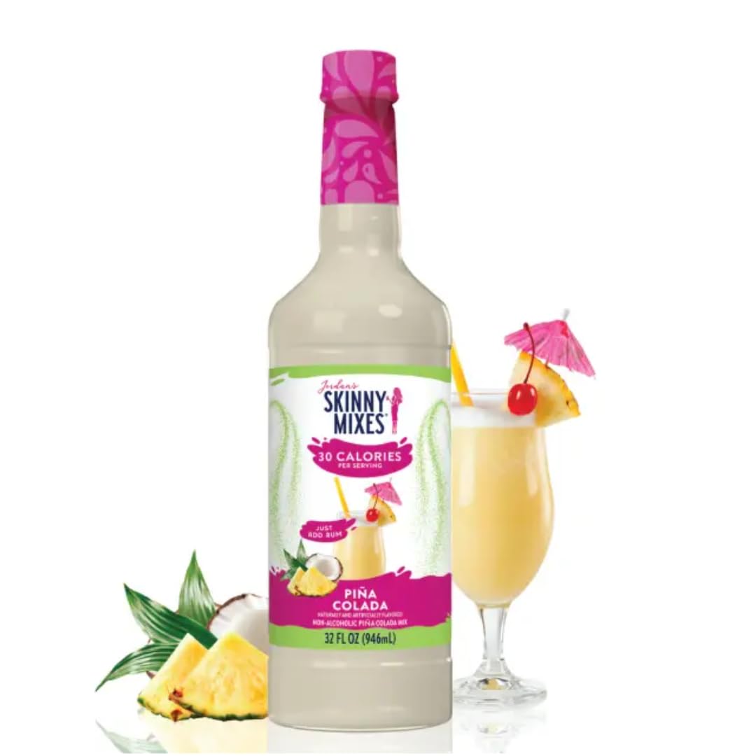 Jordan's Skinny Mixes Pina Colada bottle pour highlights tropical flavor for cocktails