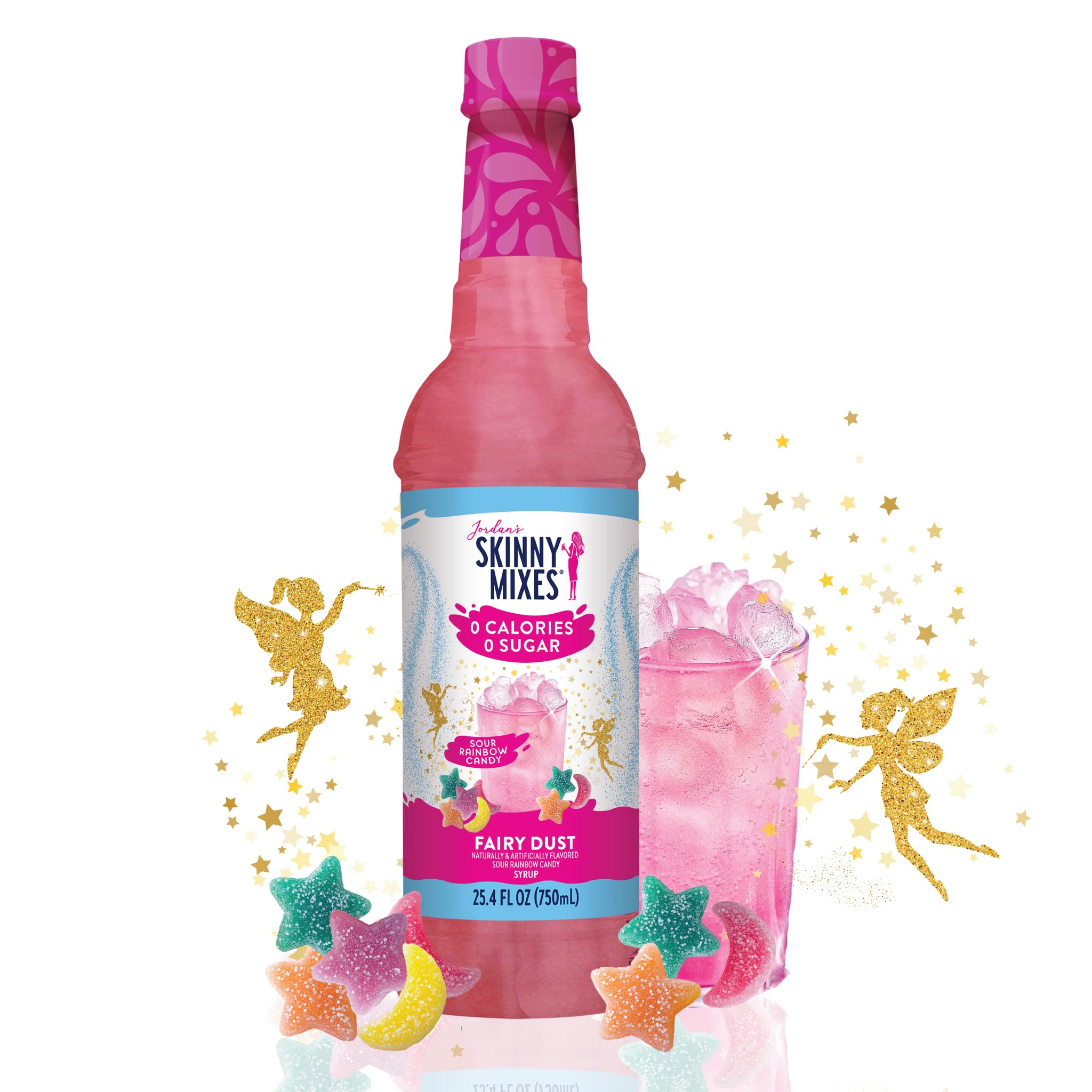 Jordan's Skinny Mixes Rainbow Candy syrup bottle adds sugar-free flavor to water and beverages.