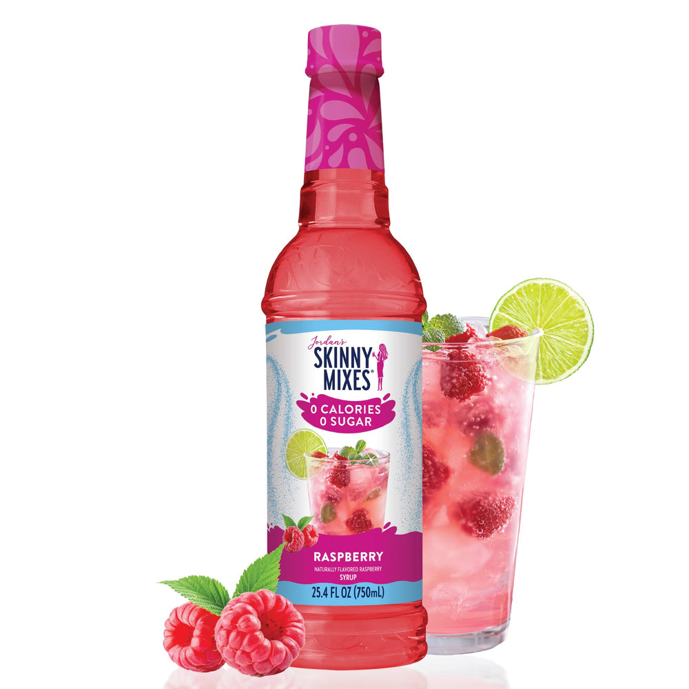 Jordan's Skinny Mixes Raspberry Syrup bottle showing zero calorie flavor option
