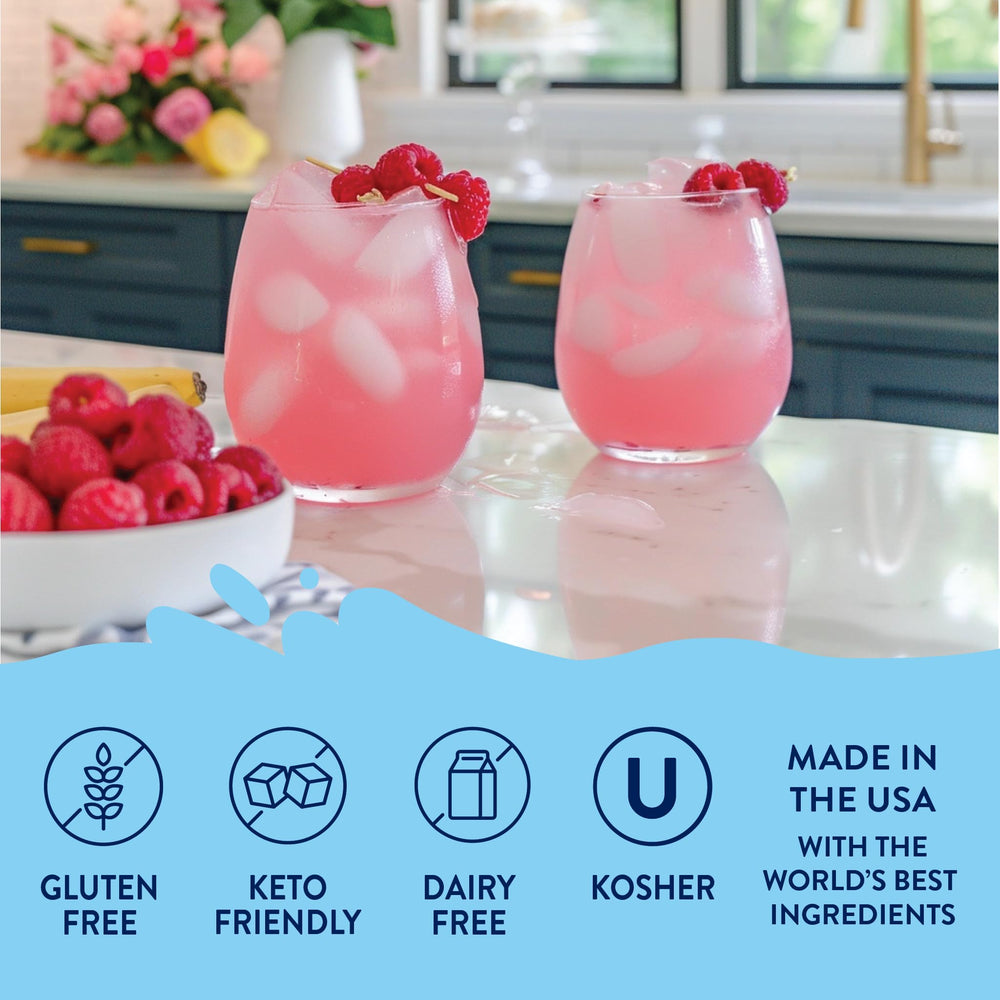 Jordan's Skinny Mixes Raspberry syrup in glass, vibrant color and flavor