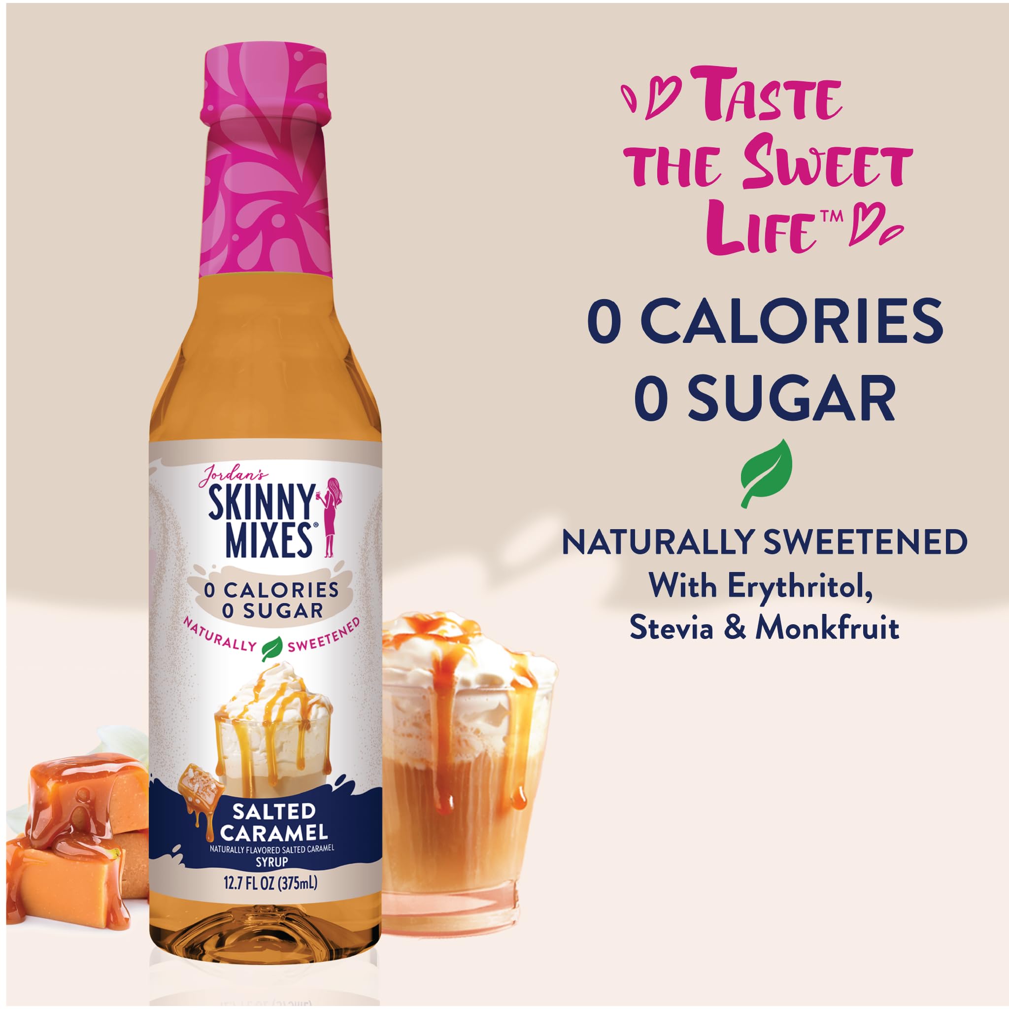 Jordan's Skinny Mixes salted caramel syrup drizzle over a creamy latte