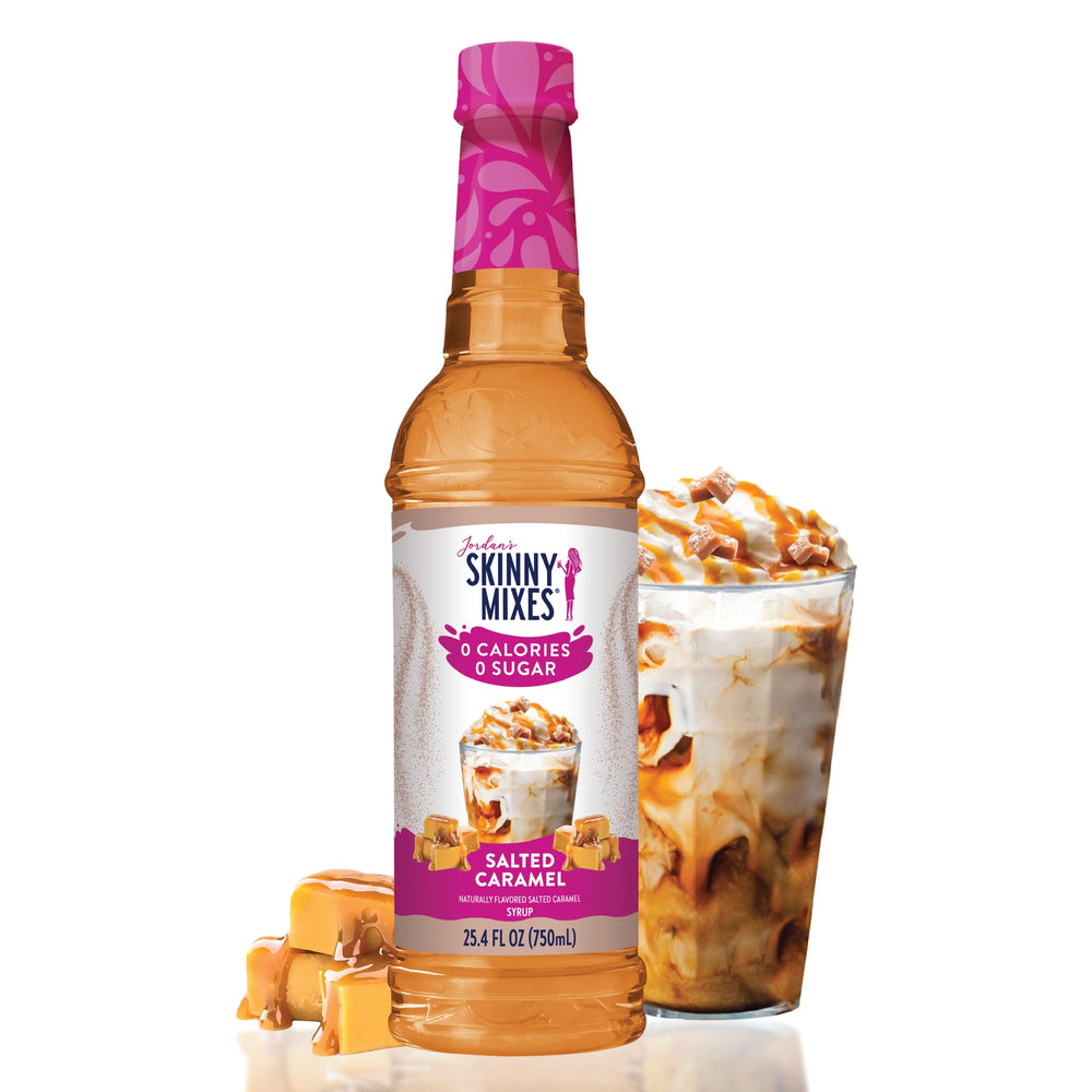 Jordan's Skinny Mixes Salted Caramel Syrup bottle being poured for zero-calorie sweetness
