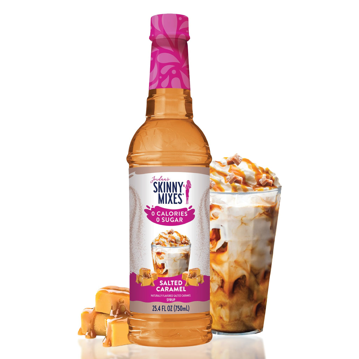 Jordan's Skinny Mixes Salted Caramel Syrup bottle being poured for zero-calorie sweetness