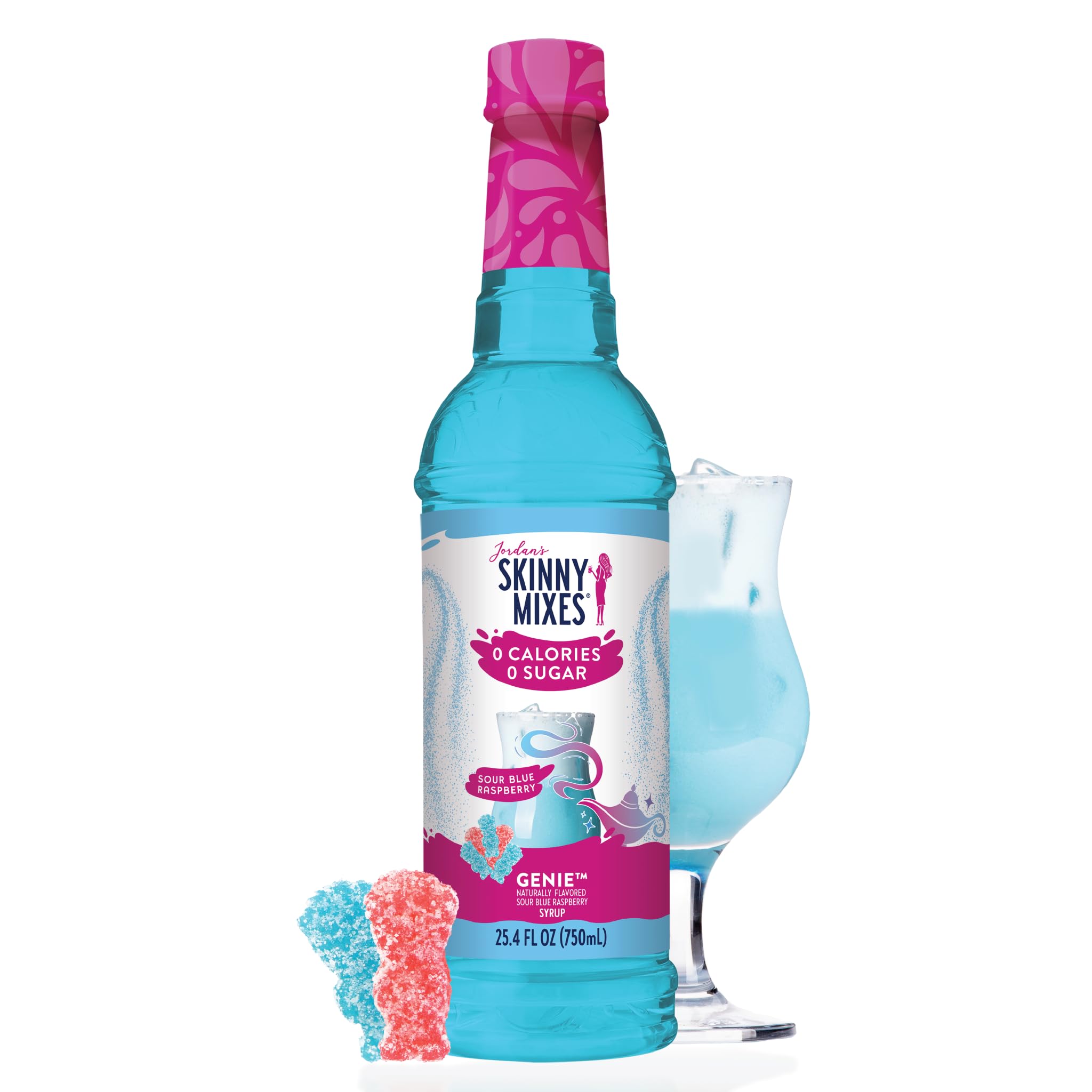 Jordan's Skinny Mixes Sour Blue Raspberry syrup bottle adds zero-calorie berry flavor to drinks.