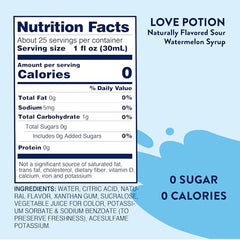 Close-up of Jordan's Skinny Mixes Sour Watermelon Syrup label highlighting zero calories.