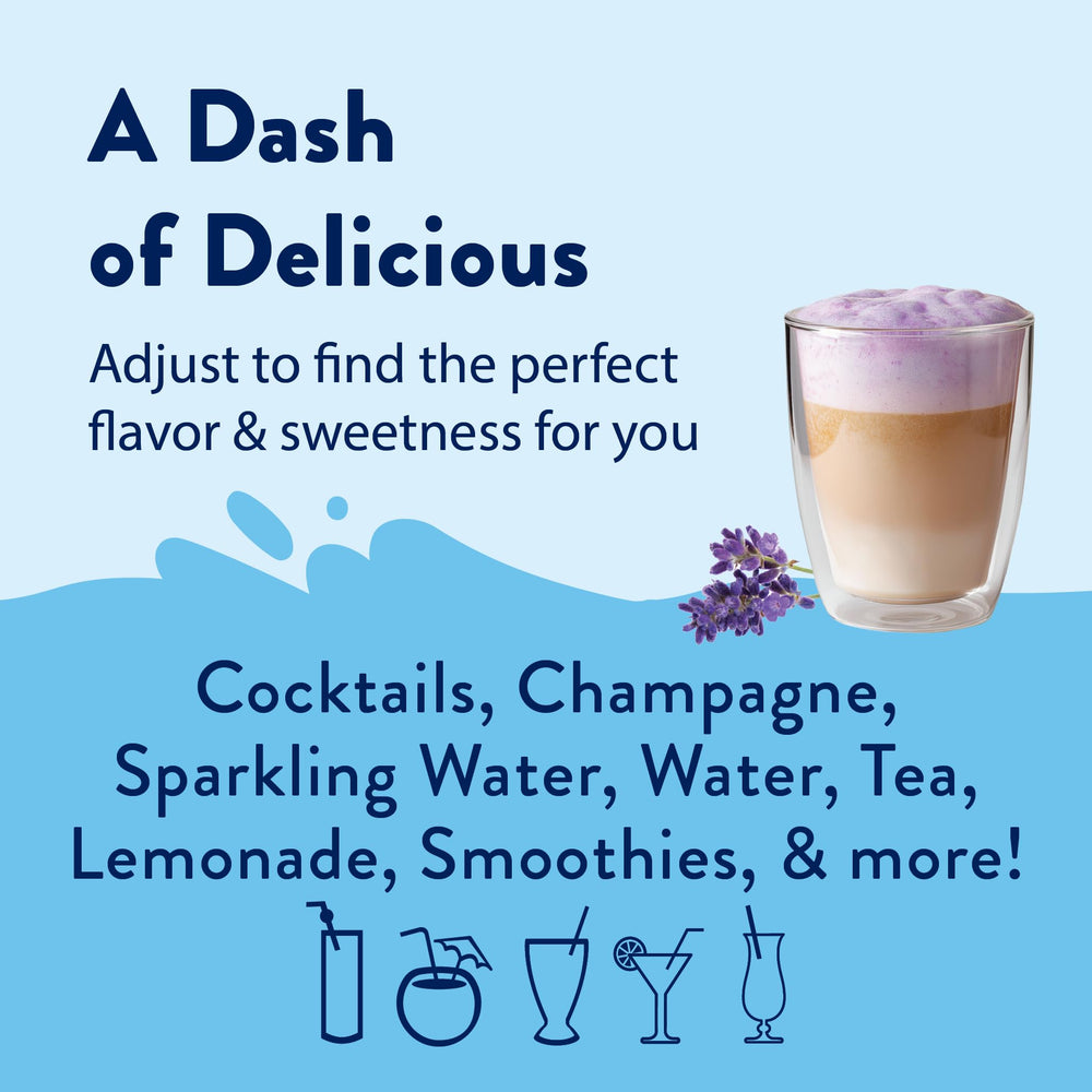 Sparkling water with lavender syrup adding brightness.